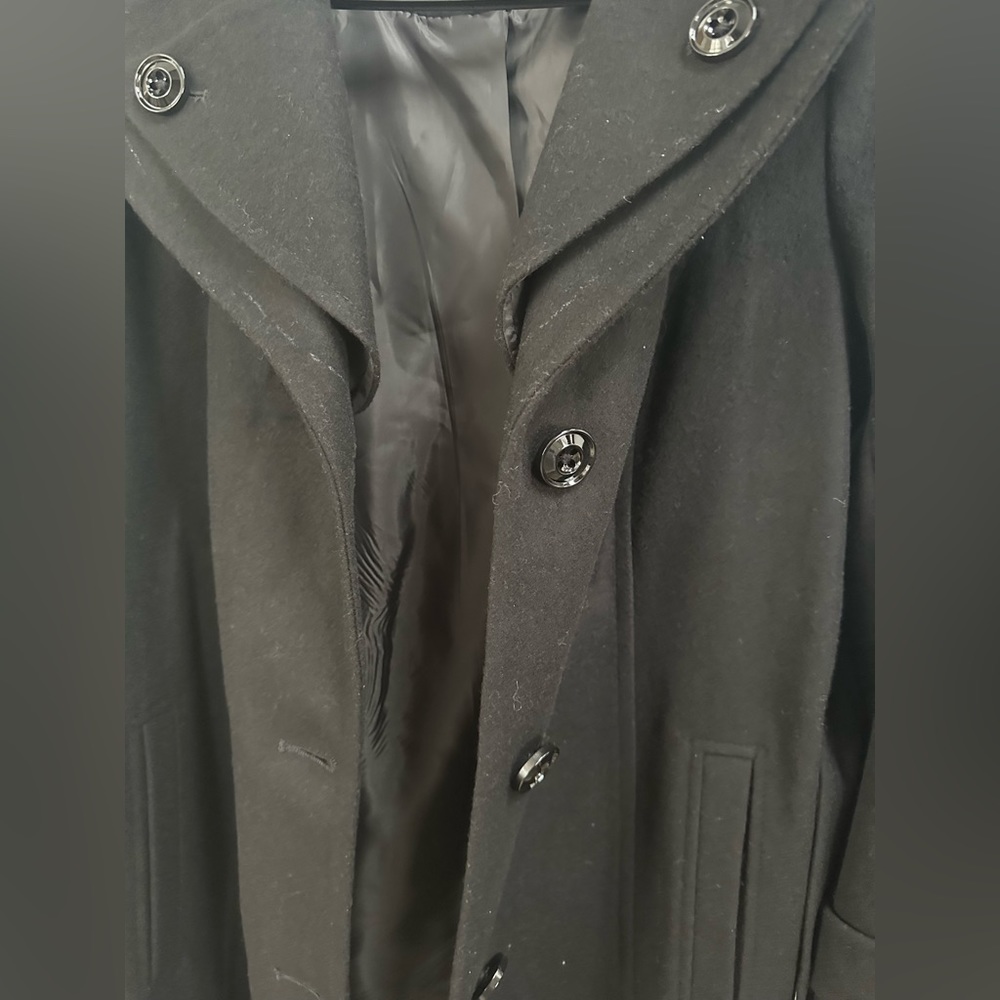 London Fog Classic Black Lined Hooded Wool Coat - Picture 8 of 11